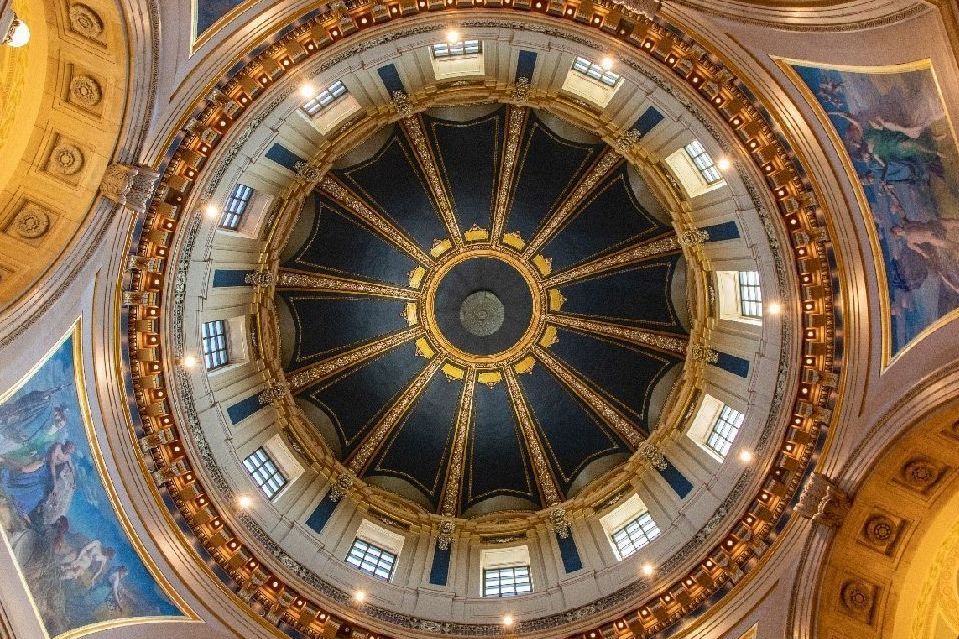 Ornate dome inside Minnesota State Capitol building.
