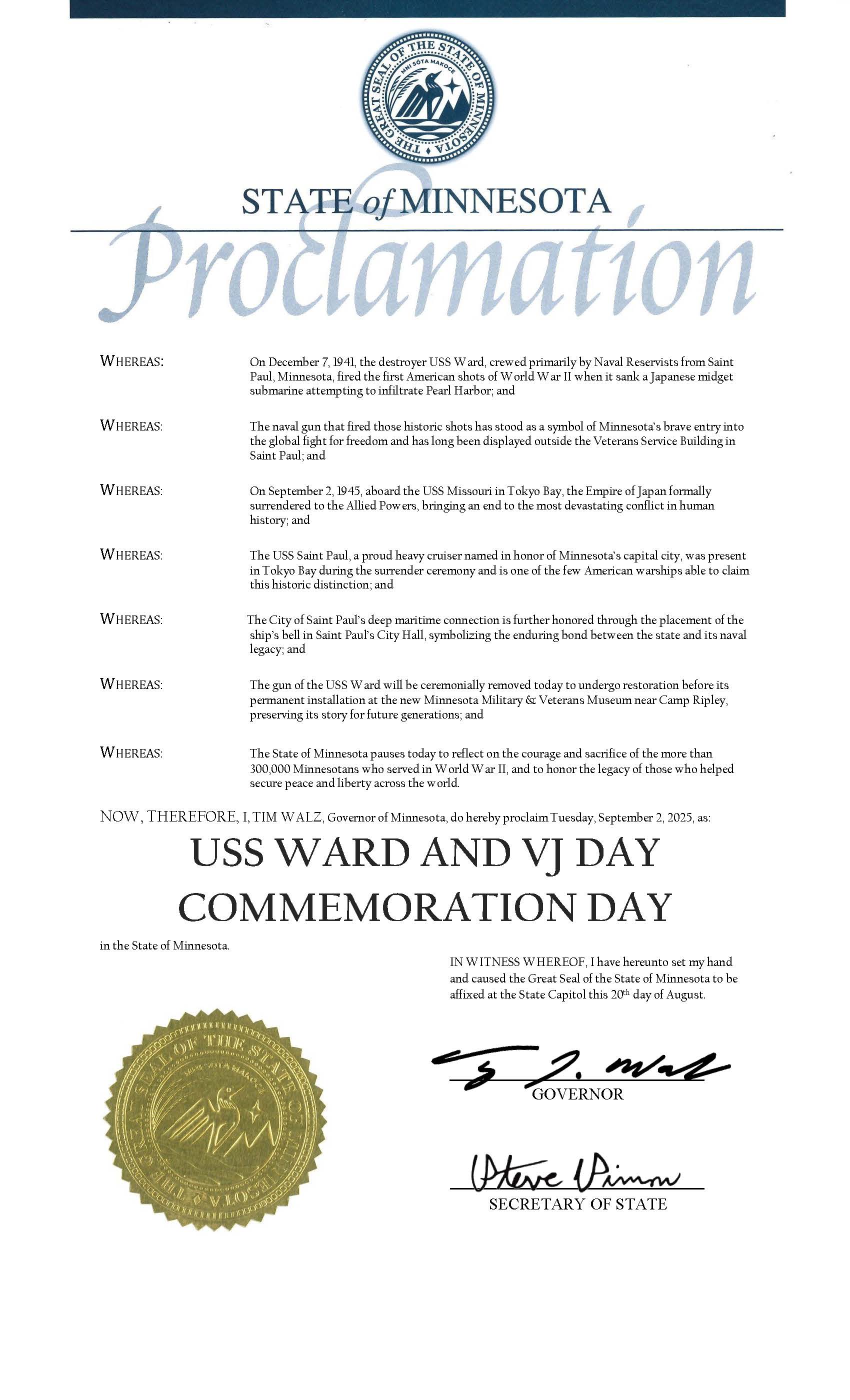 USS Ward and VJ Day Commemoration Day proclamation-image