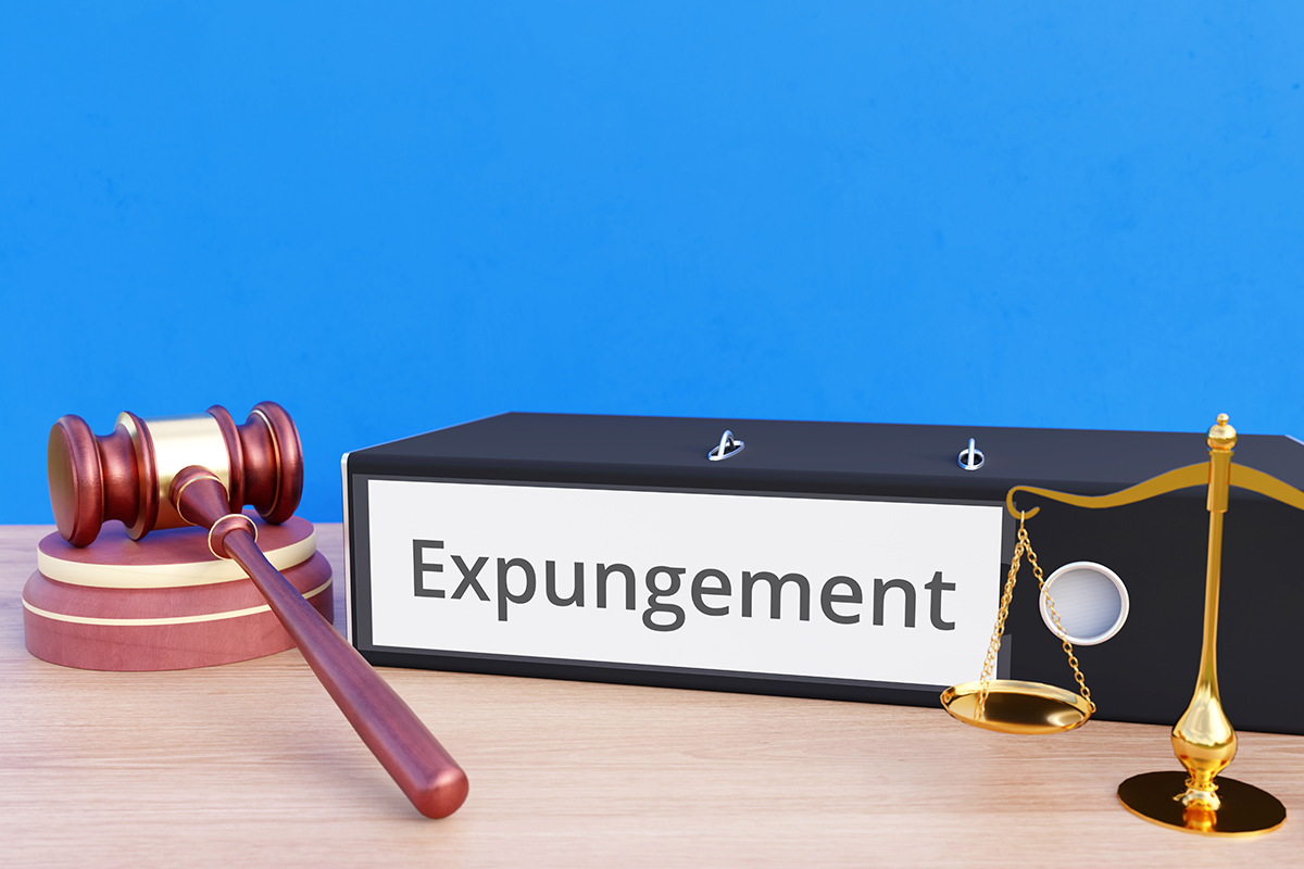 gavel, judical scale, and a sign reading "expungement"