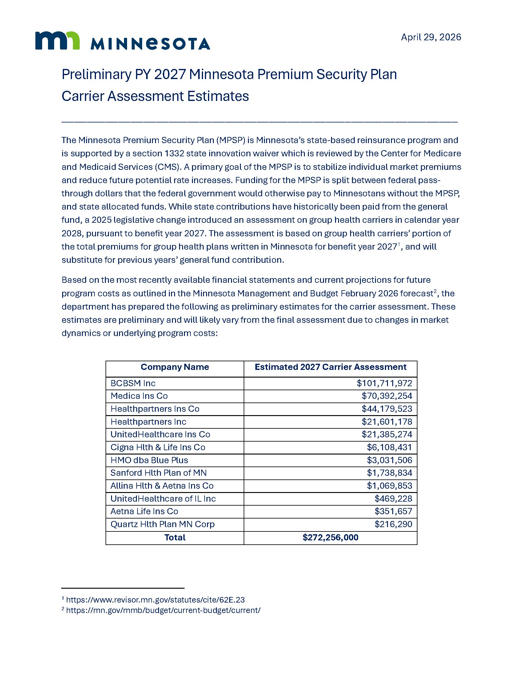 thumbnail: Preliminary PY 2027 Minnesota Premium Security Plan Carrier Assessment Estimates thumbnail: Preliminary PY 2027 Minnesota Premium Security Plan Carrier Assessment Estimates