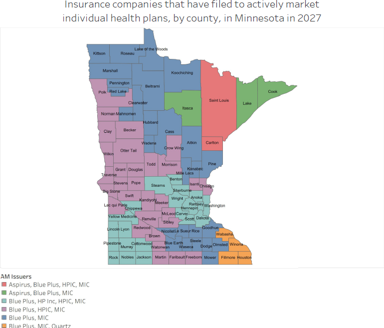 Insurance companies that have filed to actively market individual health plans, by county, in Minnesota in 2027