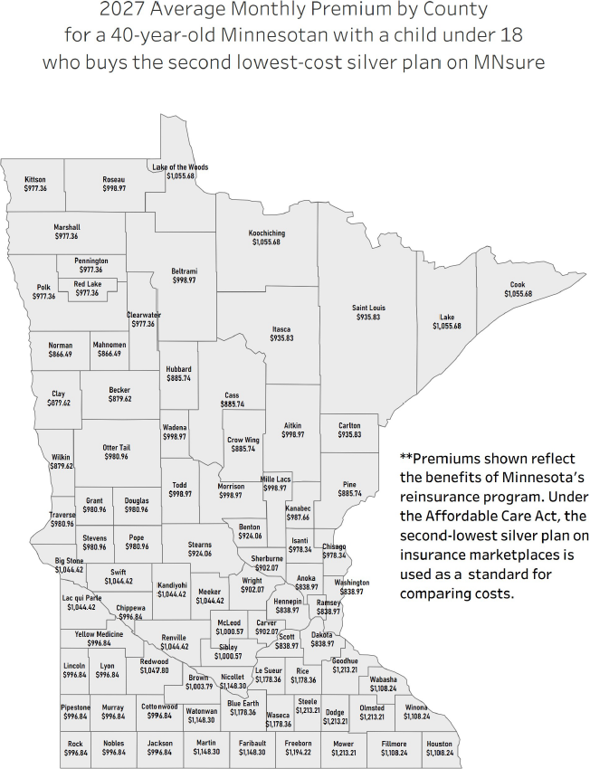 2027 average monthly premium by county for a 40-year-old Minnesotan with a child under 18 who buys the second lowest-cost silver plan on MNsure