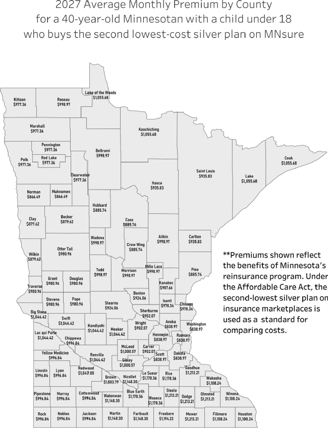 2027 average monthly premium by county for a 40-year-old Minnesotan who buys the second lowest-cost silver plan on MNsure