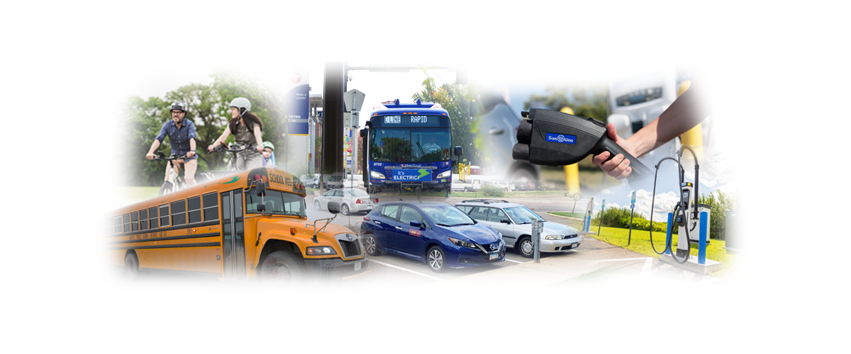 a collage of 6 images related to electric transport in Minnesota. From upper left to upper right: a father, mother, and child ride two e-bikes, the front of Metro Transit’s electric C-Line transit bus, a hand holding a DC fast charger plug. From lower left to lower right: an electric school bus, an EV with the HOURCAR logo in a parking lot, a dual-port DC fast charger.