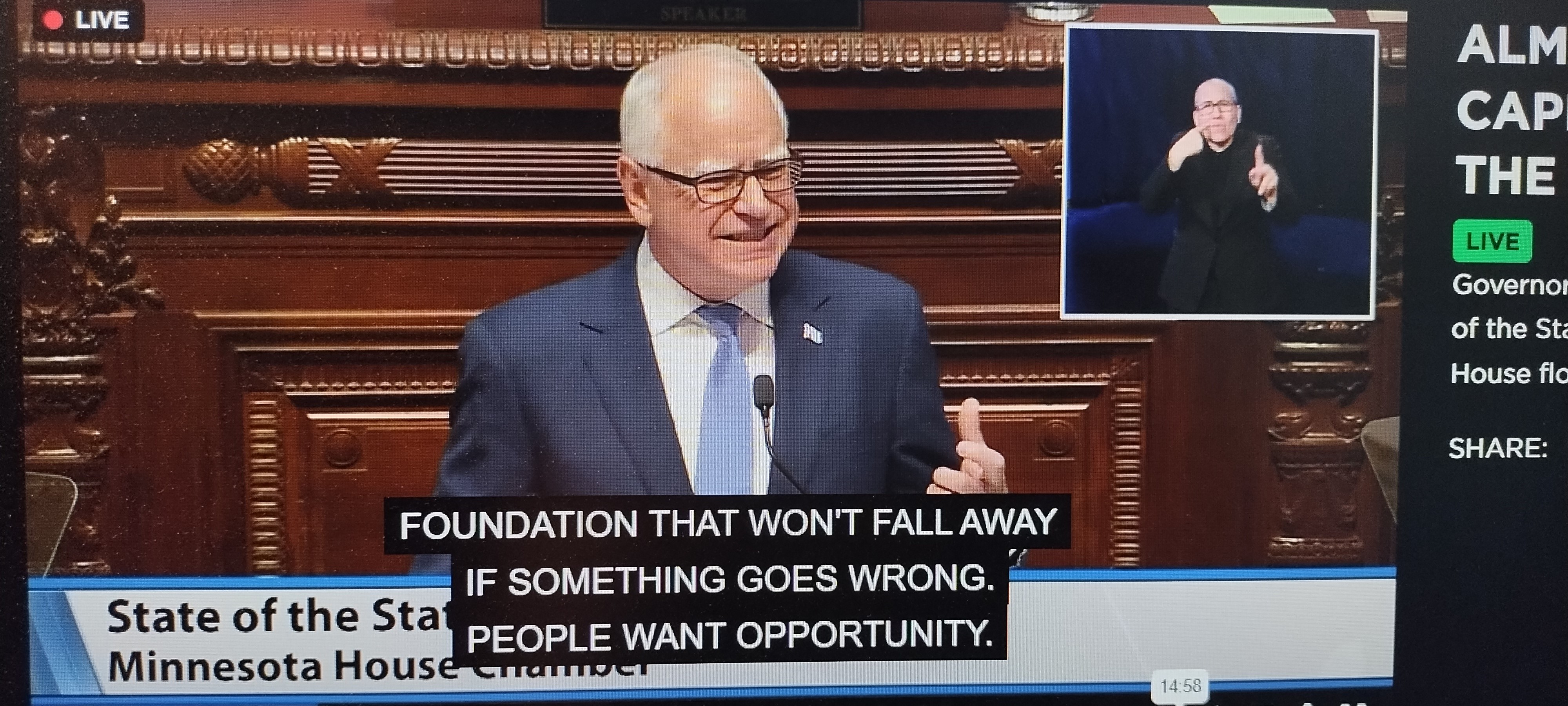 Still frame of the live recording of Governor Walz's State of the State address in 2025 with ASL and captions
