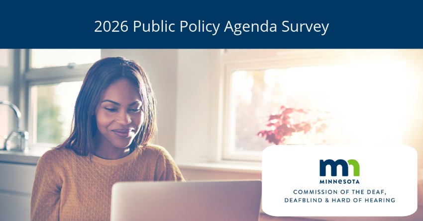 Person looking at laptop while smiling, underneath text 