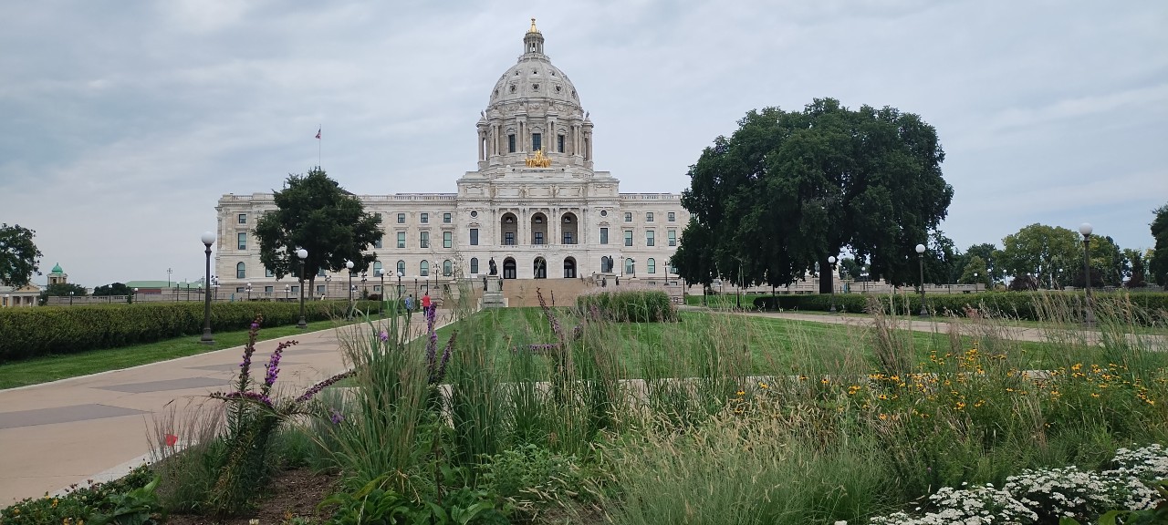 Minnesota State Capitol building with ornamental grass and flowers