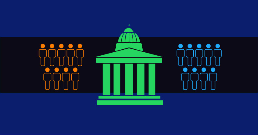 Icon of the Capitol Building in green, with icons of people (in orange and blue) standing besides the building in unison over a dark blue background.