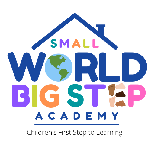 Logo for Sheryl’s daycare business. An outline of a rooftop with a chimney on one side rests on top of a block of colorful text. Text: “Small World Big Step Academy”. The O in ‘world’ is replaced by an icon for Earth, and the E in ‘step’ is made of footprints of different skin tones. Underneath in small text: “Children’s First Step to Learning’.