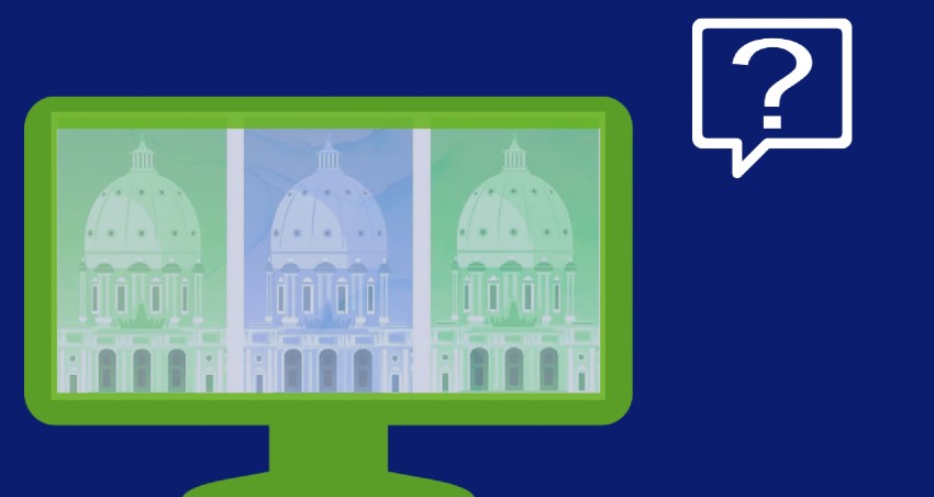 MNCDHH Lobby Day graphic (three identical images of the Minnesota State Capitol, two in green hues and the middle in blue hue) within a green computer icon and a question mark in a box.