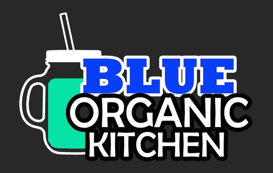 Logo for Blue Organic Kitchen, with an white outline of a cup of light green liquid with a straw poking out top next to the text. “Blue” in blue, “Organic Kitchen” in white.