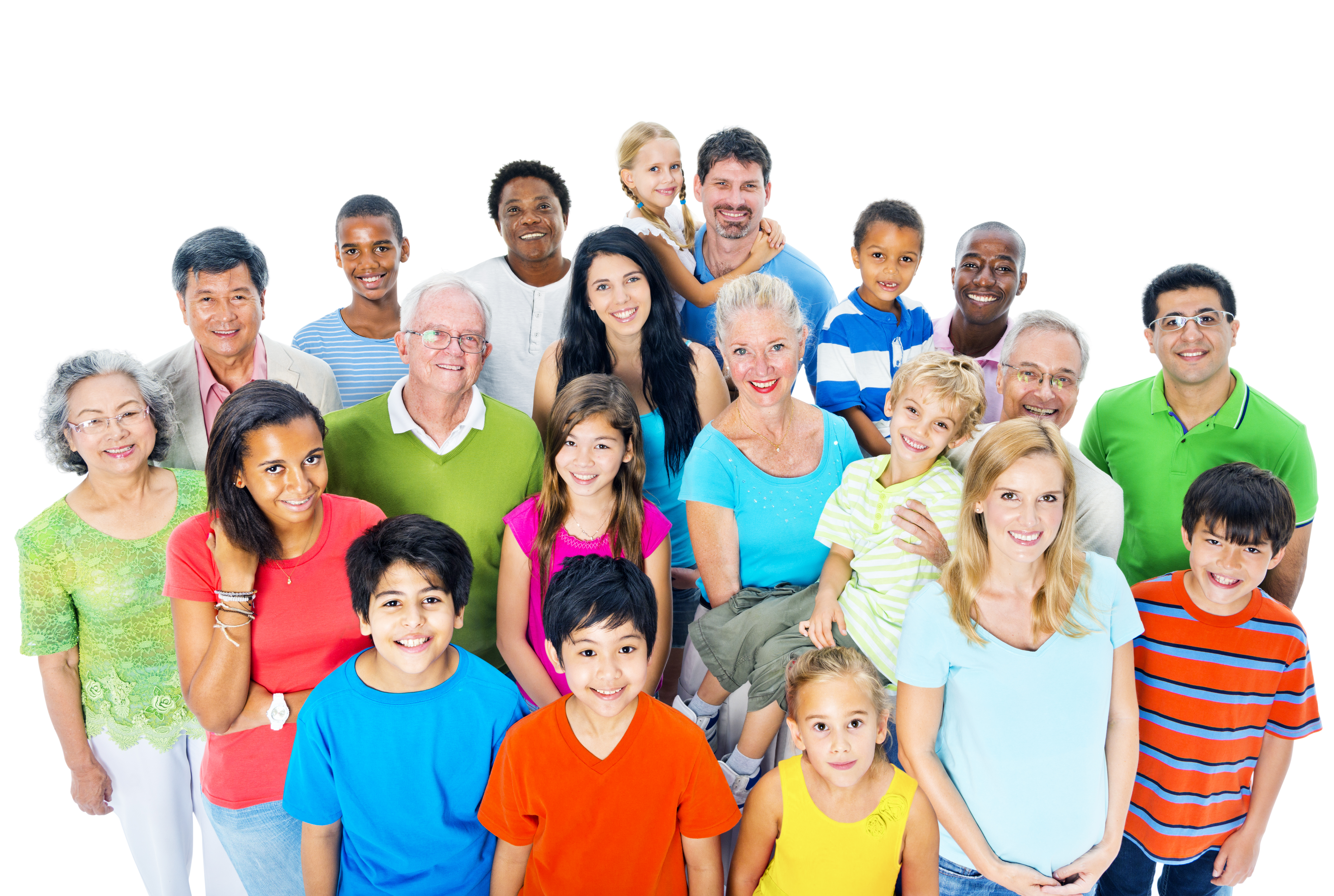 Group of people of all ages, ethnicities and genders, wearing brightly colored shirts and smiling.