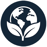 An icon with a globe held within two leaves