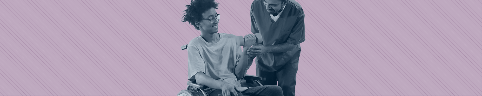 A home care assistant helps a teen using a wheelchair to lift a dumbbell.