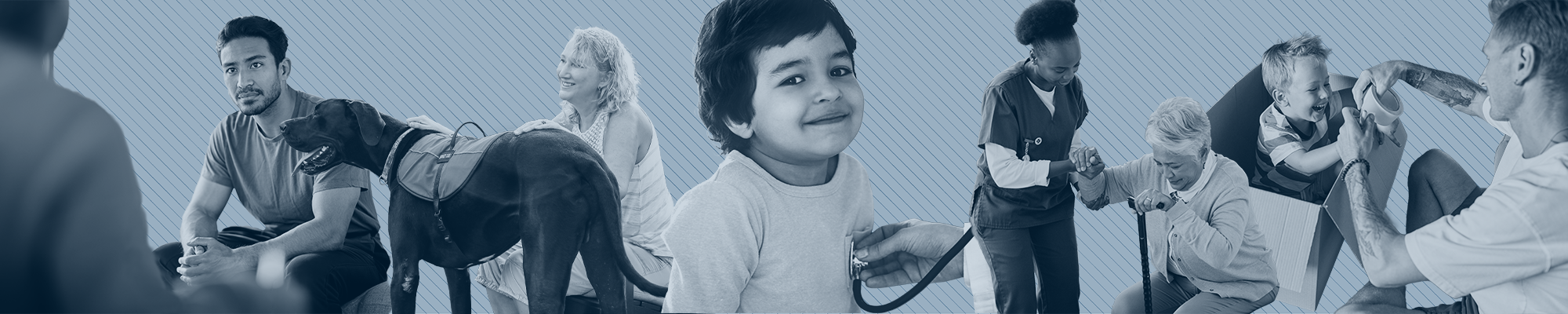 A photographic collage showing the various aspects of work the department facilitates including a man with his therapist, a woman with her service dog, a toddler at a check up, a care worker helping an elder to stand, and a father and son playing with moving boxes