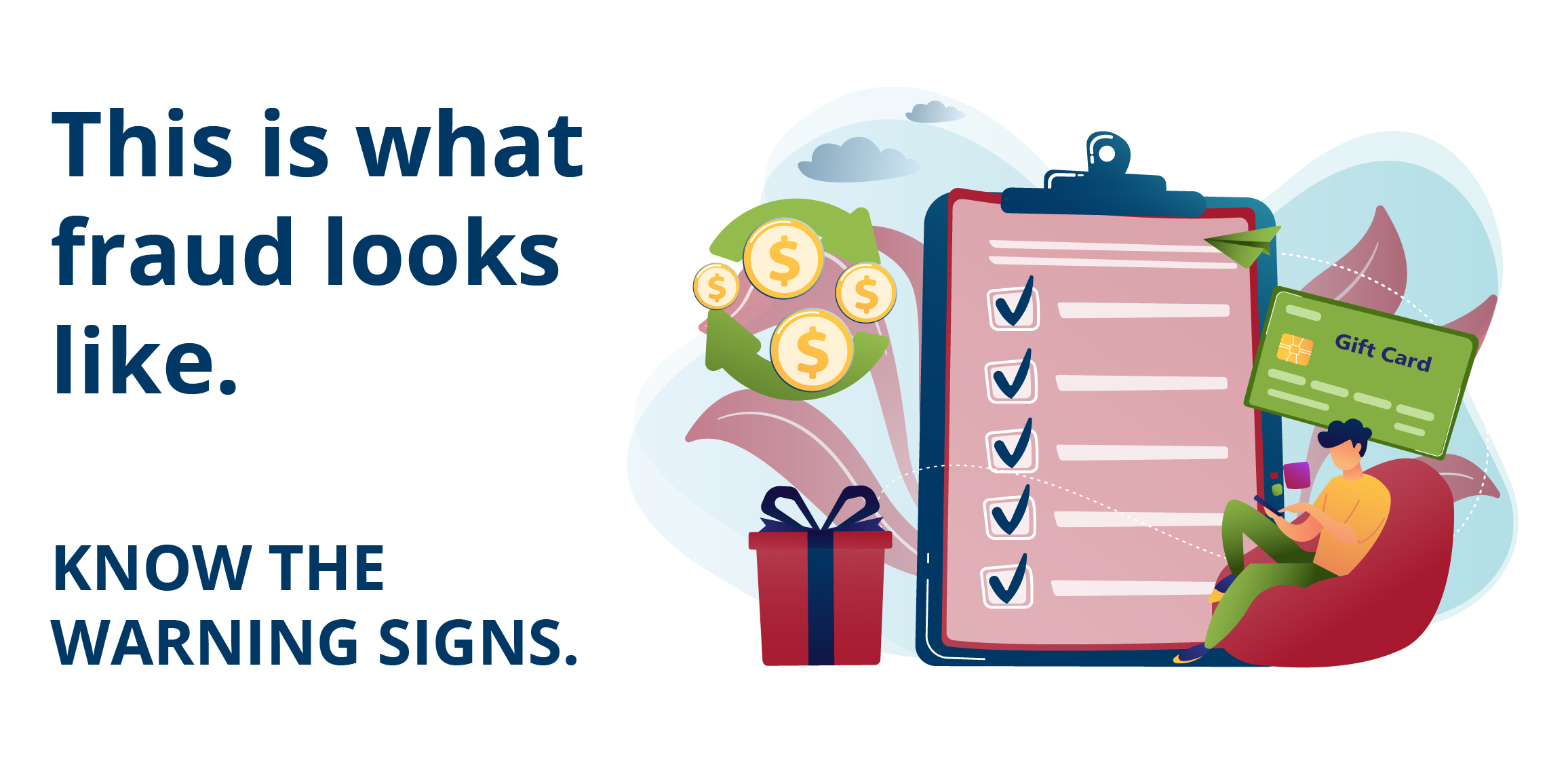 A gift, gift card, coins and a clipboard with checkmarks -- representing the ways fraud might be perpetrated.