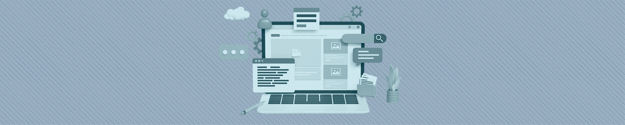 A laptop computer with graphics representing website settings, users, and content blocks.