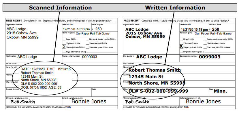 Prize receipt examples with scanned and written information