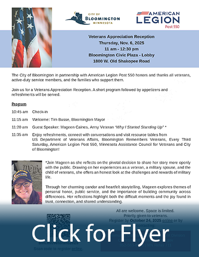 City of Bloomington Veterans Appreciation Reception Flyer