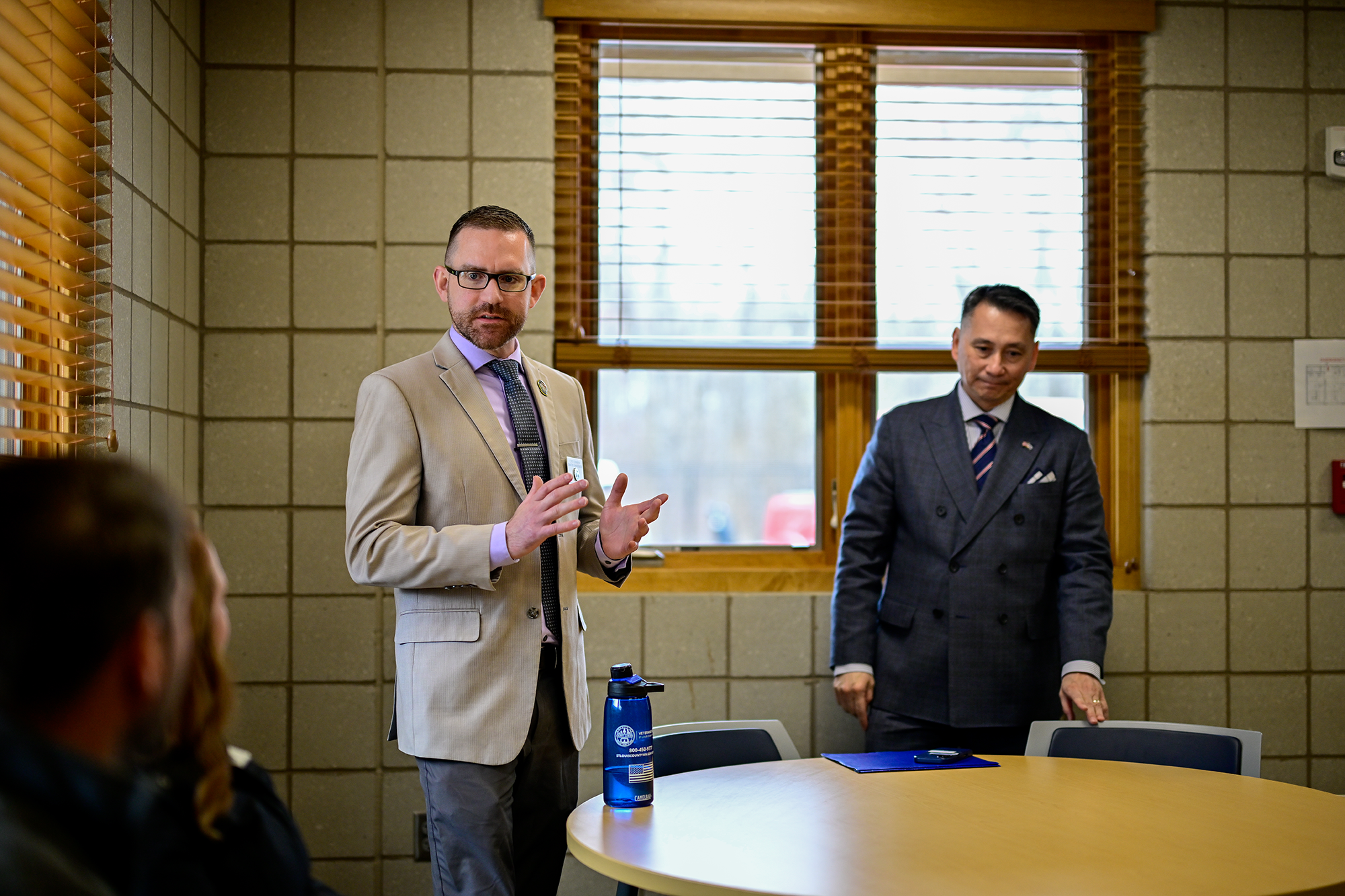 Minnesota State Veterans Cemeteries – Duluth Administrator Cory Johnson (left) discussed back-to-back 100% excellence ratings with James Earp, the National Cemetery Administration’s Director for the Veterans Cemetery Grants Program (VCGP) before a ceremony on May 6.