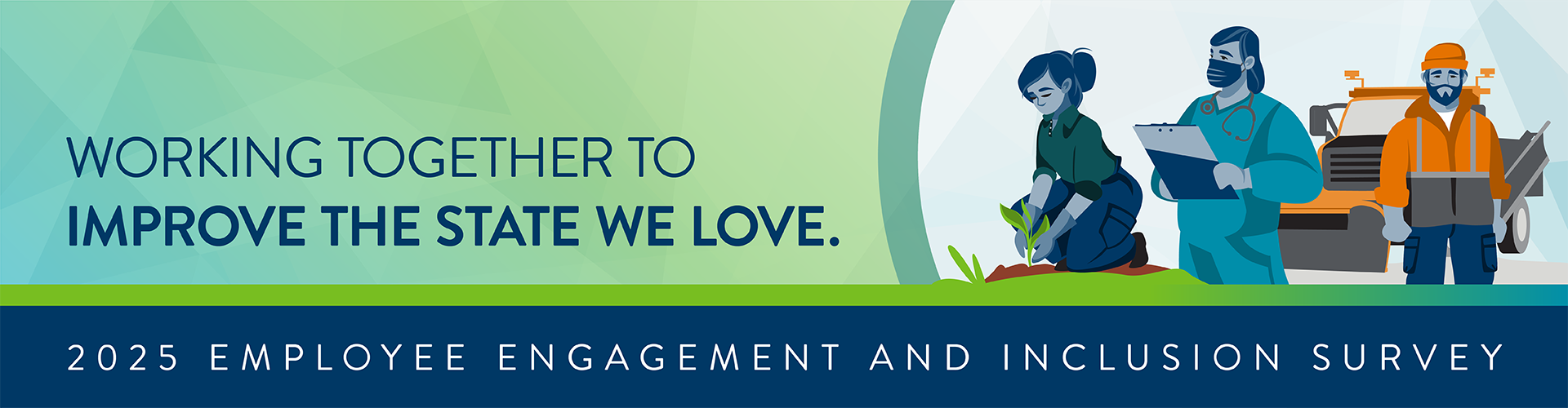 Three people performing a variety of state jobs. Text stating: Working together to improve the state we love. 2025 Employee engagement and inclusion survey.