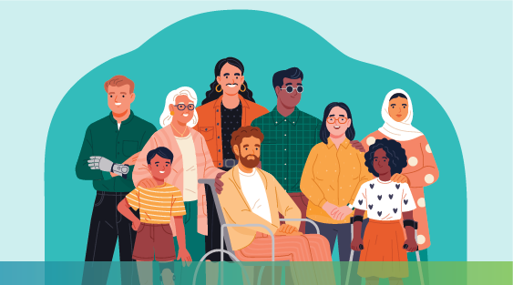 Nine people of different ages, ethnicities, genders, and disabilities.