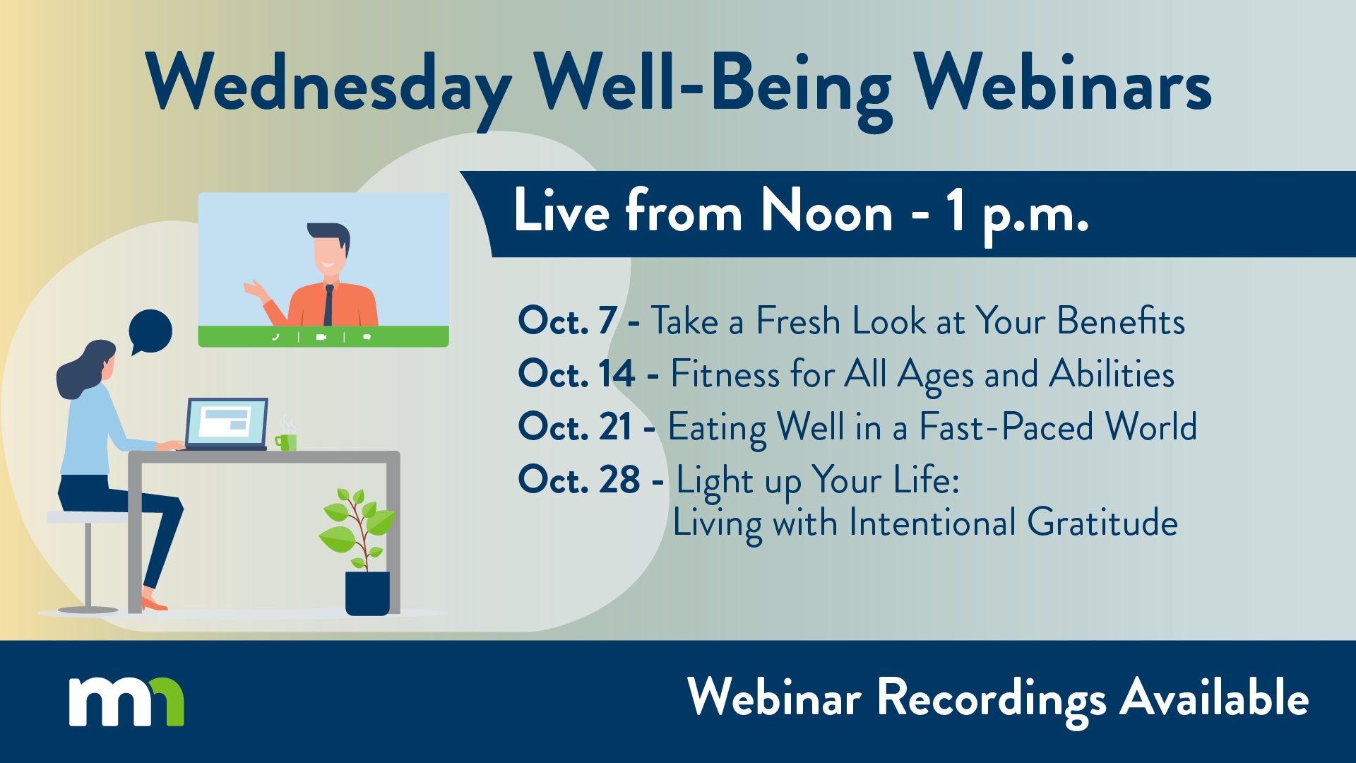 December Wednesday WorkLife Webinars. Woman sitting at desk watching a well-being webinar.