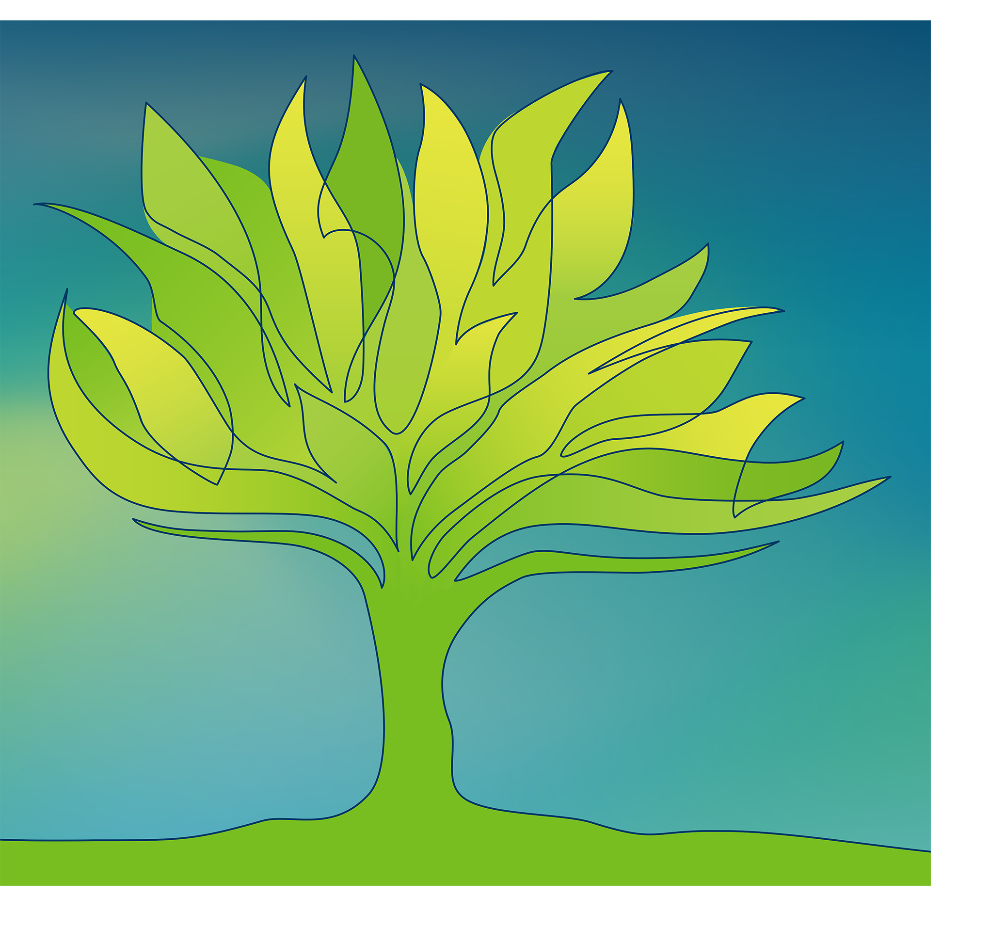 A stylized green tree with green and yellow leaves