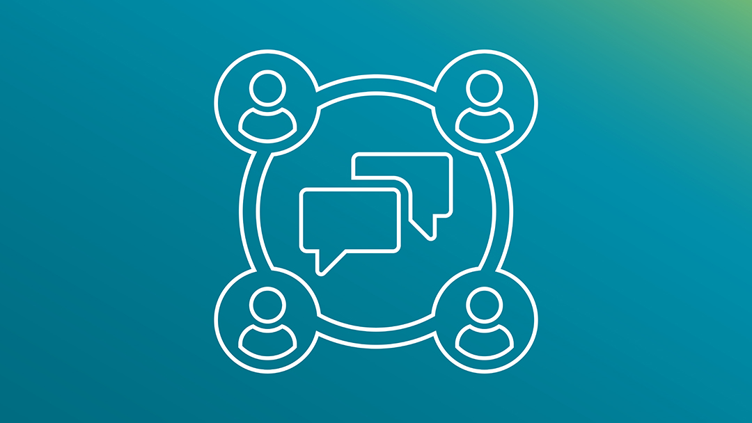 Four people circling two conversation bubbles