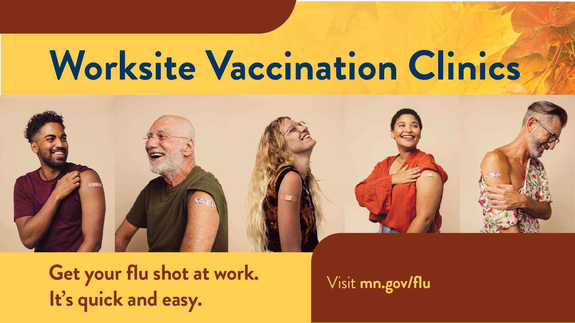 Five state employees smiling while raising the sleeves of their shirts to show their bandaids where they received their flu vaccination shot. 