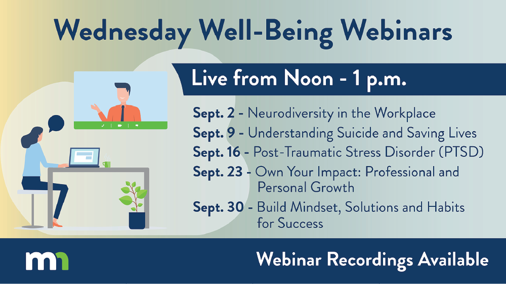 December Wednesday WorkLife Webinars. Woman sitting at desk watching a well-being webinar.