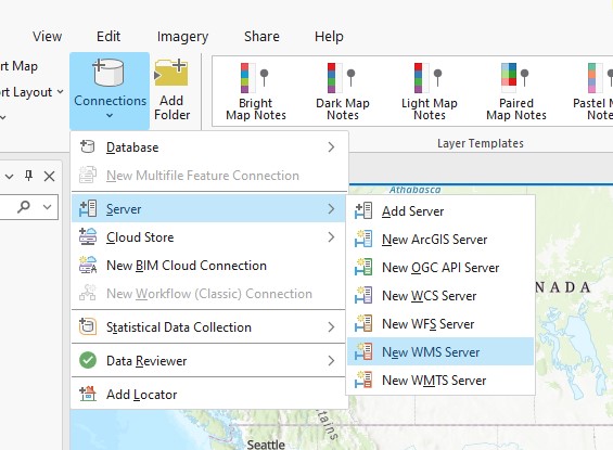 Screenshot of ArcGIS Pro shows "Connections" button selected, with "Server" dropdown menu expanded and "New WMS Server" highlighted