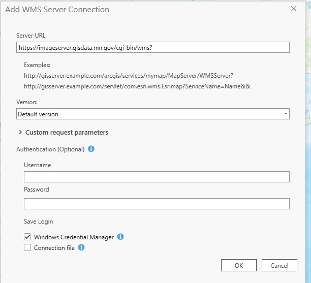 ArcGIS Pro "Add WMS Server Connection" window shows the MnGeo WMS URL under "Server URL"