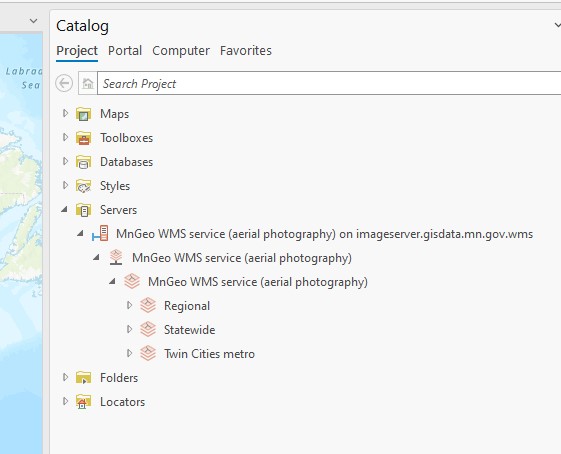 ArcGIS Pro catalog shows "Servers" folder expanded with the "MnGeo WMS service" expanded showing "Regional", "Statewide" and "Twin cities Metro"