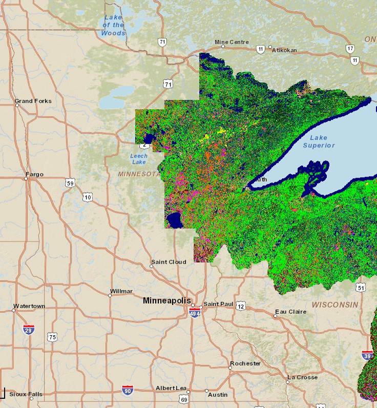 CCAP landcover shows bright green along Minnesota's northeast