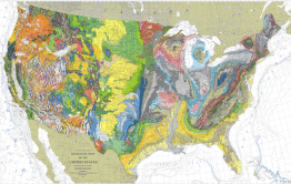 Map of continental US geology showing various bands of color