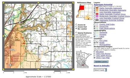 Sample window of Aggregate Mapper showing different aggregates and stones in Southern Minnesota