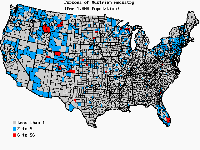 U.S. map of persons of Austrian ancestry per 1,000 total population. U.S. map of persons of Austrian ancestry per 1,000 total population.