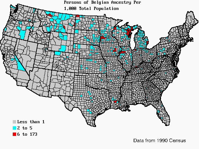 U.S. map of persons of Belgian ancestry per 1,000 total population. U.S. map of persons of Belgian ancestry per 1,000 total population.