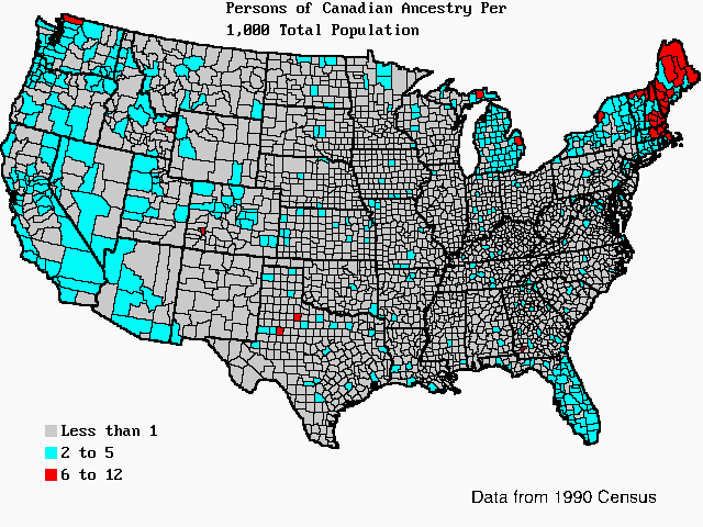 U.S. map of persons of Canadian ancestry per 1,000 total population. U.S. map of persons of Canadian ancestry per 1,000 total population.