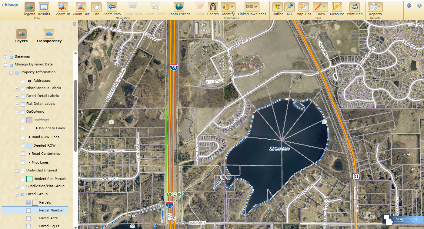Chisago County map viewer shows parcels on a lake