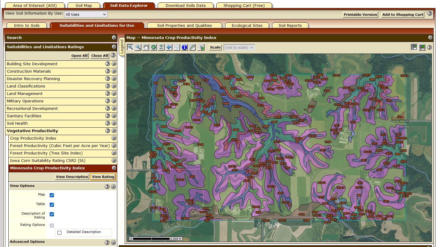 Web Soil Survey windows shows vegetative productivity for farmland surrounding creeks