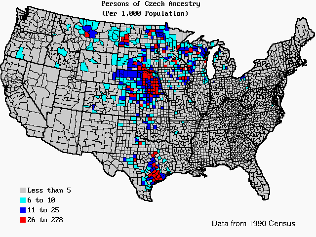 U.S. map of persons of Czech ancestry per 1,000 total population. U.S. map of persons of Czech ancestry per 1,000 total population.