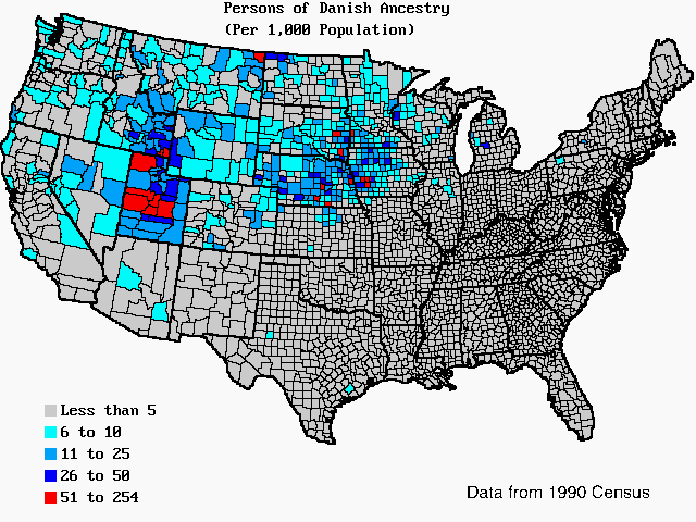 U.S. map of persons of Danish ancestry per 1,000 total population. U.S. map of persons of Danish ancestry per 1,000 total population.