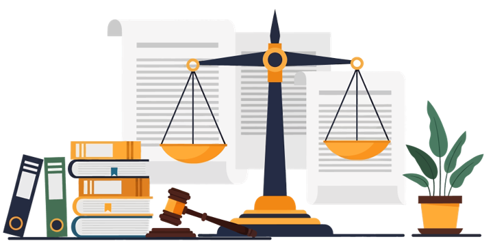 Scale, gavel, books, documents and a plant.