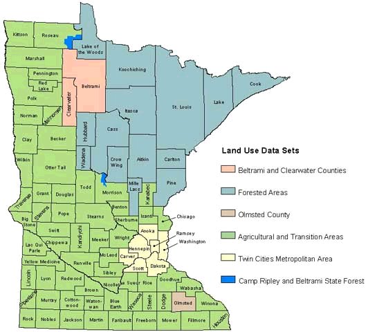 Map titled "Land Use Data Sets" shows Minnesota counties in different colors to specify land use data sources.County and major roads.