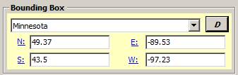 Screenshot of MME shows the "Bounding Box" section which shows a dropdown menu with Minnesota selected and shows coordinates for North, East, South and West filled out. 
