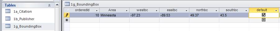 Screenshot of Access database shows the "1g_BoundingBox" table open, the headers for this table are "orderedID, Area, westbc, eastbc, northbc, south_bc and default). Screenshot of Access database shows the "1g_BoundingBox" table open, the headers for this table are "orderedID, Area, westbc, eastbc, northbc, south_bc and default).