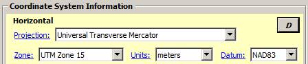Screenshot of MME shows the "Coordinate System Information" section. The "Horizontal" subsection is shows, with the Projection, Zone, Units and Datum options. Screenshot of MME shows the "Coordinate System Information" section. The "Horizontal" subsection is shows, with the Projection, Zone, Units and Datum options.