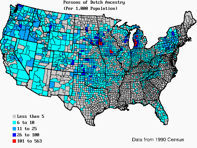 U.S. map of persons of Dutch ancestry per 1,000 total population. U.S. map of persons of Dutch ancestry per 1,000 total population.
